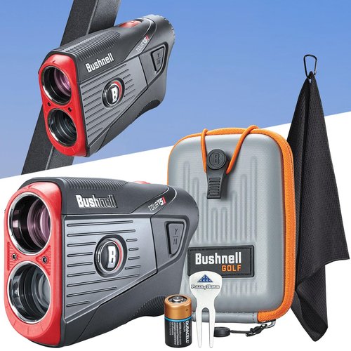 Bushnell Golf Tour V5 Shift Laser Rangefinder Patriot Pack | Slope Compensation, PinSeeker, Magnetic Mount, 6X Magnification, 1300 Yard Range, 3D Flyovers in App, Signature Series Golf Towel Bundle