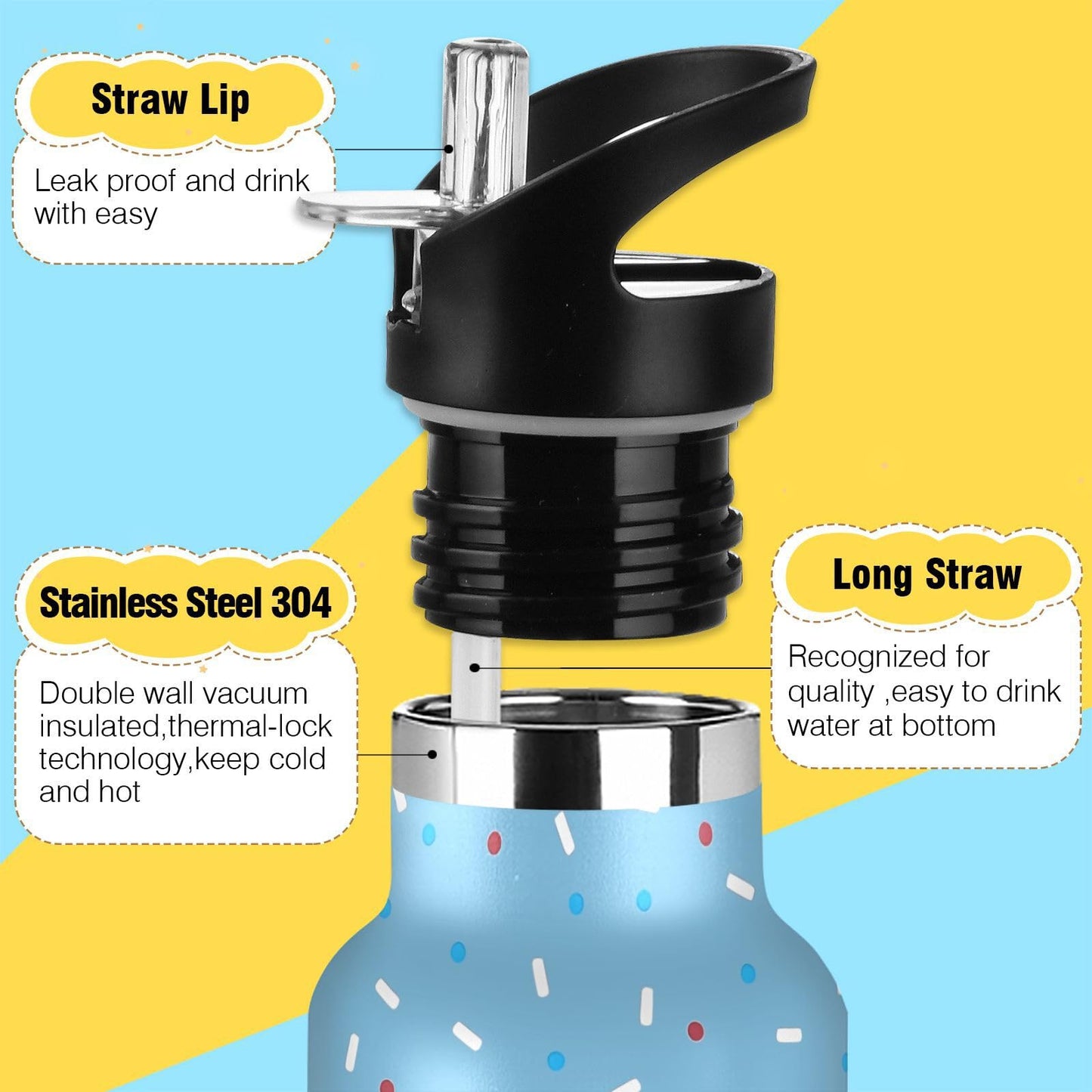 Blue Ice Cream Water Bottles for Boys Kids Stainless Steel Thermos Bottle Cups with Straw Lid Leakproof Insulated Flask Jug 20 oz
