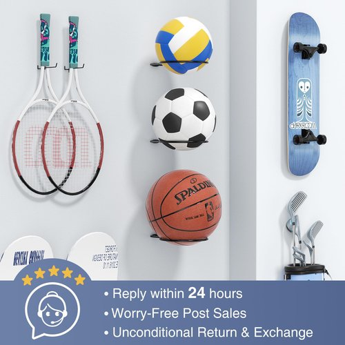jockcaras Ball Holder Wall Mount Set – 4 Sports Ball Racks for Basketball, Soccer, Volleyball, Football – Wall Storage & Display for Sports Room