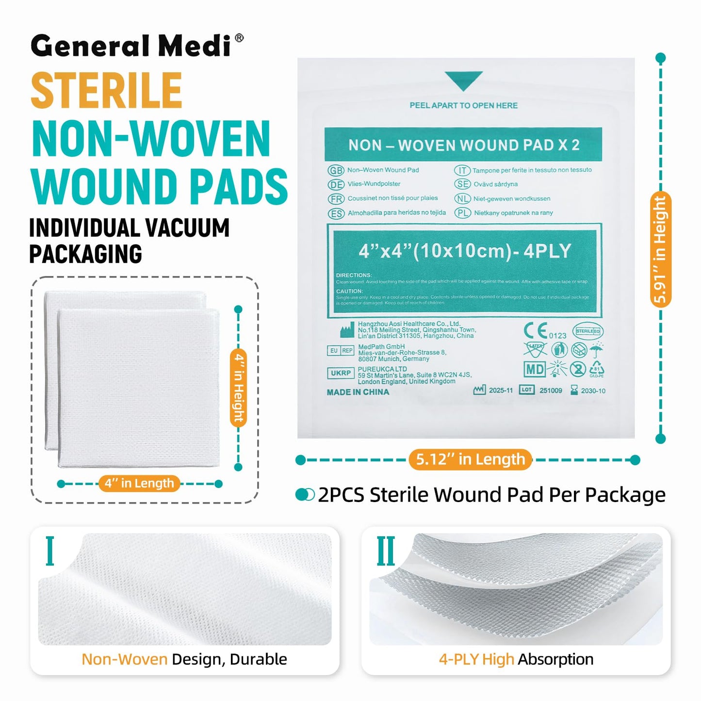 General Medi Sterile Gauze Sponges, 4" x 4" Non-Woven Wound Pads - Individually Wrapped Highly Absorbent Sponges Pads for Cushioning Minor Wounds, Cuts & Burns Wound Care (60 Packs, 120 Pieces Total)