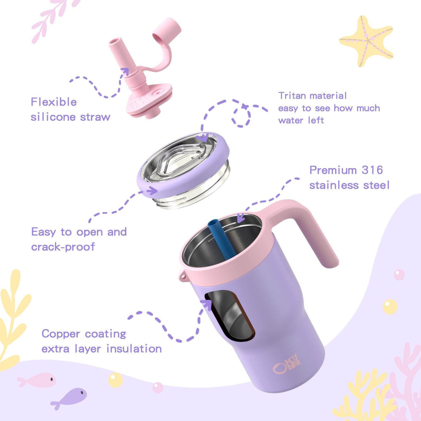 OISIZ 14oz Kids Tumbler with Straw Lid & Handle,Kids Cup with Animal Accessory for School,Kids Water Bottles with Dust-proof Cover,Leakproof Water Bottles,316 Stainless Steel,Keep Cold 24 Hours-purple