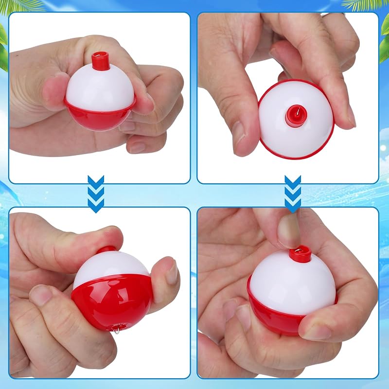 1.5 Inch Fishing Bobbers Floats Set, 30 Pieces, Push Button Round Red/White