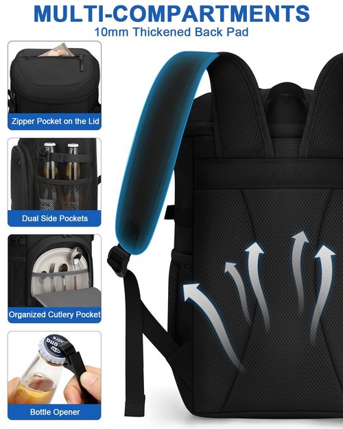 Pritent Cooler Backpack for Men Women Insulated Waterproof Backpack Coolers Leak Proof Cooler Bag Lightweight Lunch Backpack for Camping Beach Travel Picnic(Black,30 Cans)