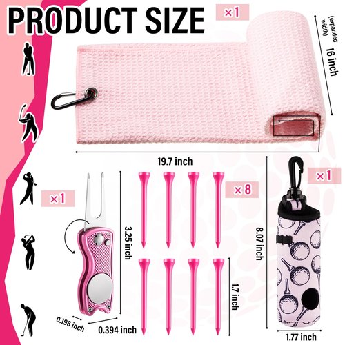 Liliful 12 Pcs Golf Accessories Kit, Include Golf Ball Bag with Hook Towel Tees Magnetic Ball Marker Divot Tool Cleaner Brush for Women Man Gifts(Pink)