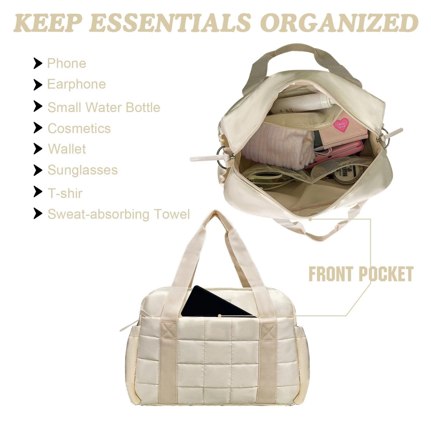 WOLT Small Gym Bag for Women, 14 inch Lightweight Gym Duffle Bag with Wet Compartment Quilted Tote for Sports Workout, Beige