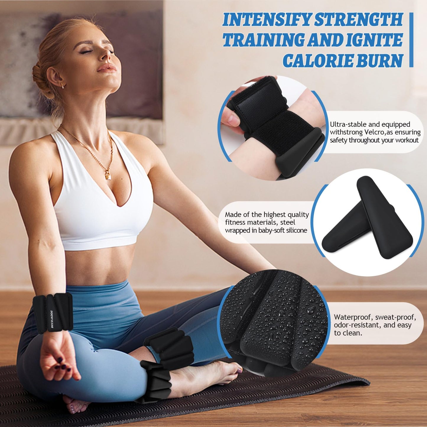 BECOJADDE Ankle Weights Set of 2 (3 lb Each) Adjustable Wrist Weights for Women Men Wearable Arm Leg Weight for Pilates, Running, Walking, Workout, Yoga, Black
