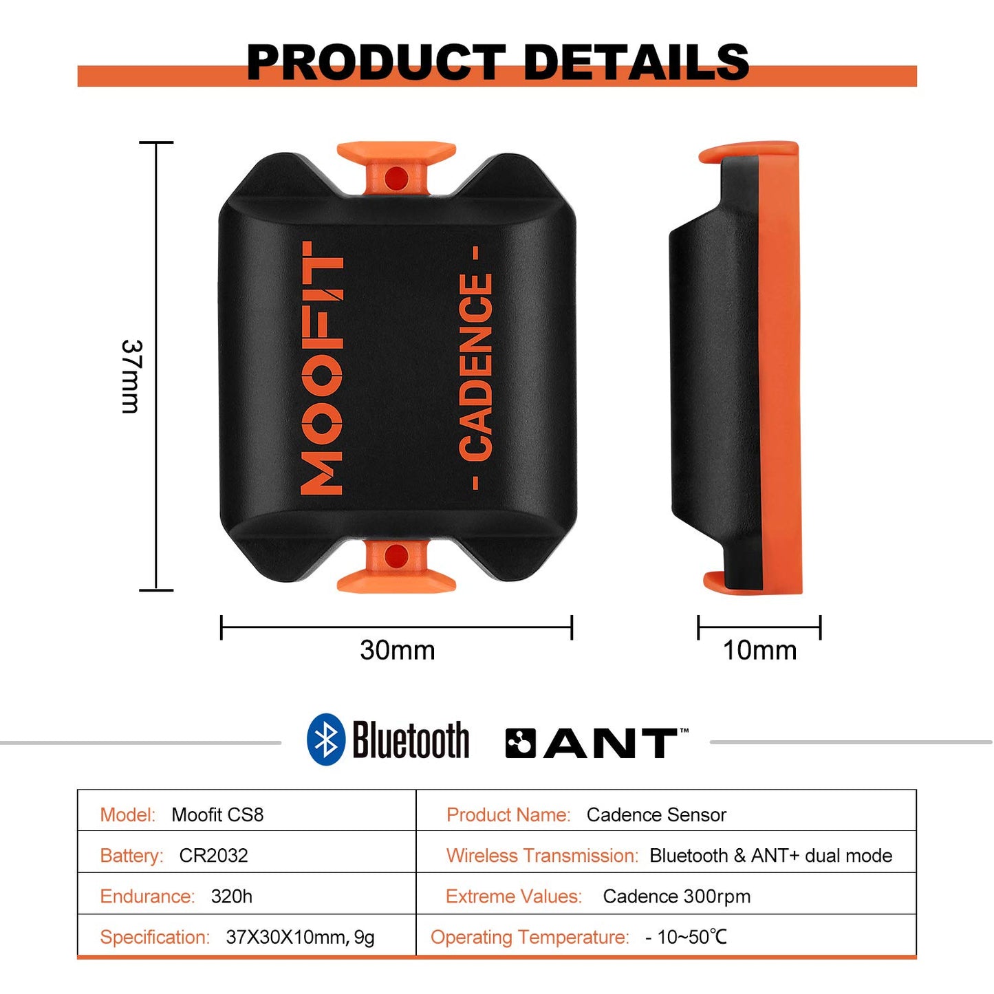 moofit Cadence Sensor Bluetooth/ANT+ IP67 Waterproof Wireless RPM Cycling Spin Bike Cadence Sensor for Wahoo/OpenRider/Endomondo/TacX/TrainerRoad (MooFit app Unavailable)