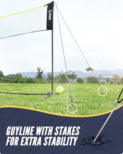 Patiassy 5.1ft-7.4ft Adjustable Height Volleyball Badminton Net Set 17ft Portable Sports Net with Poles, 4 Badminton Rackets, 3 Shuttlecocks and 1 Volleyball for Indoor Outdoor
