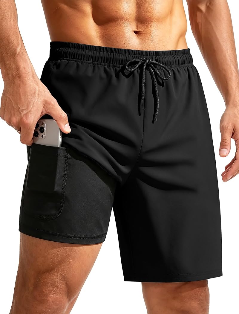 Mens 7-Inch Quick-Dry Swim Trunks with Compression Liner - Black, Large