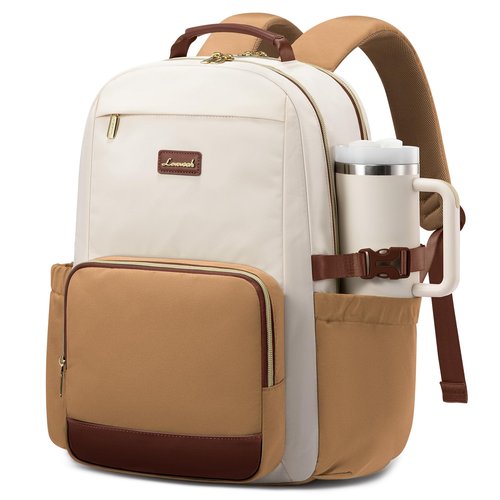 LOVEVOOK Laptop Backpack for Women with Pouch Pocket for Large Capacity Cup,15.6 Inch Laptop Computer Bag Travel Backpack Purse,Waterproof Work Business Backpack College Teacher Bag,Beige-Brown-Bbrown
