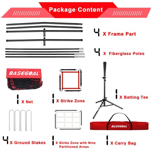 BaseGoal 7'×7' Baseball Softball Practice Net,Baseball Backstop,with Batting Tee,for Hitting Pitching Batting Catching with Bow Frame,Bonus Strike Zone (Red-A)