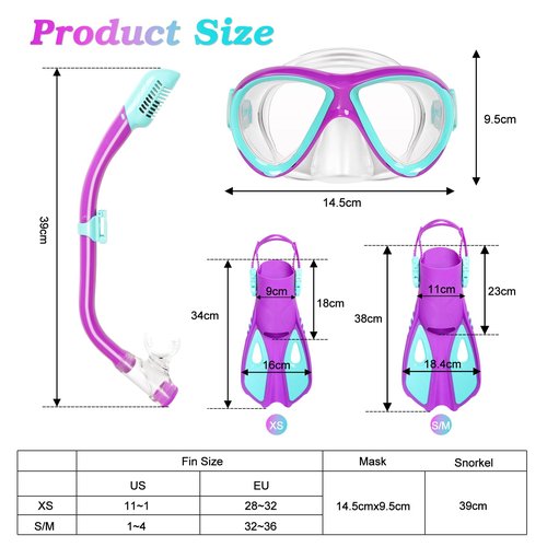Kids Mask Fins Snorkel Set, Dry Top Snorkeling Gear for Kids Youth Boys Girls Junior Age 5-15