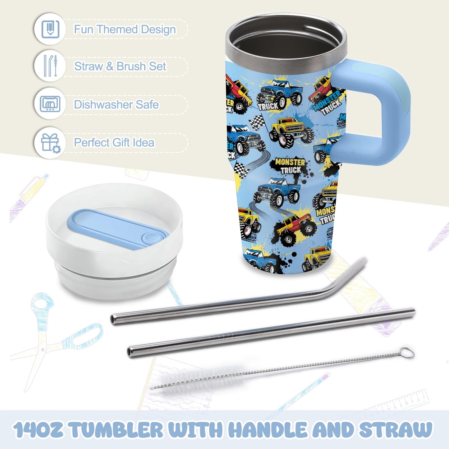 Hiboss 14 oz Monster Truck Tumbler with Handle and Straw for Kids, Insulated Stainless Steel Travel Mug for Boys, Double Wall Vacuum Reusable Cup, Birthday Gifts for Boys