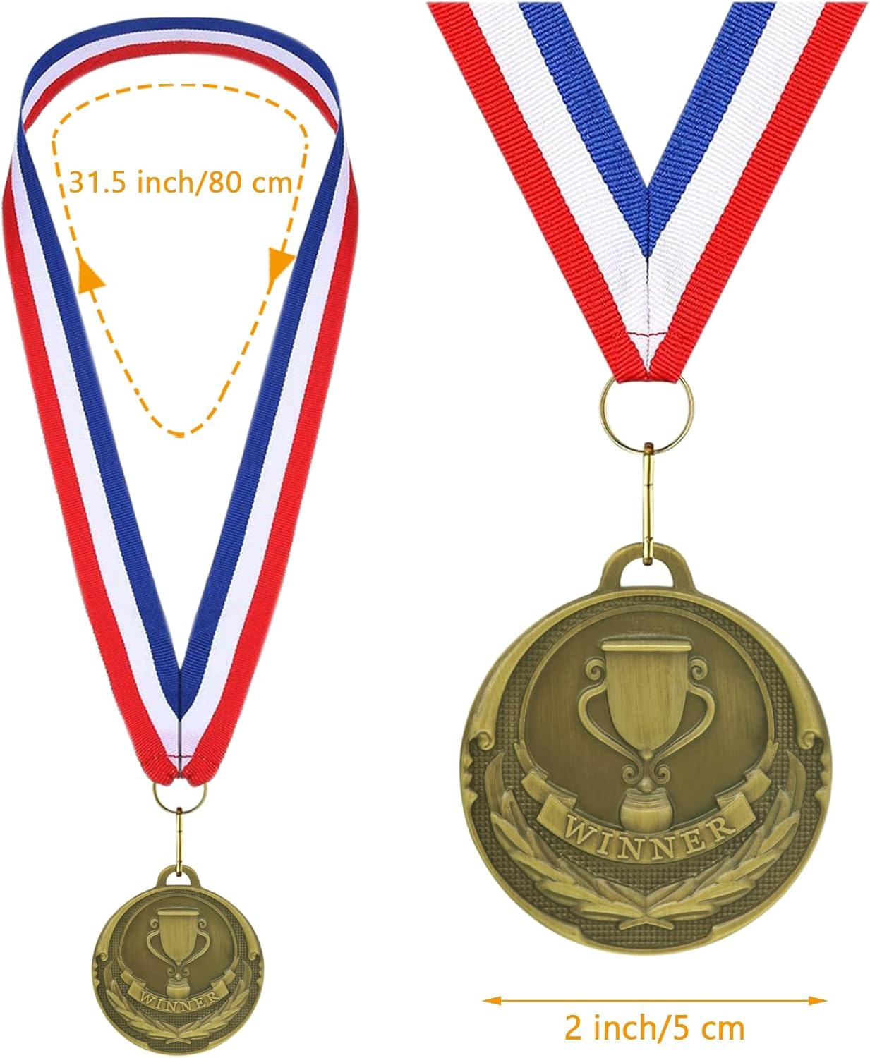 12 Pieces Gold Medals for Awards - Winner Medal Metal with Neck Ribbon Prizes for Kids, Adults, Sports Day, Spelling Bees, Competitions, Party, 2 Inches