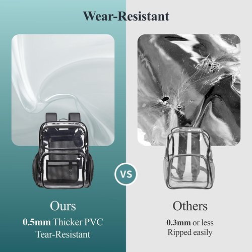 PACKISM Clear Backpack for School - 17 Inch Heavy Duty Clear Bookbag with PU Leather Straps 2 Front Pockets for Boys Girls Students, Transparent PVC See Through Backpacks, Black (Age 12+)