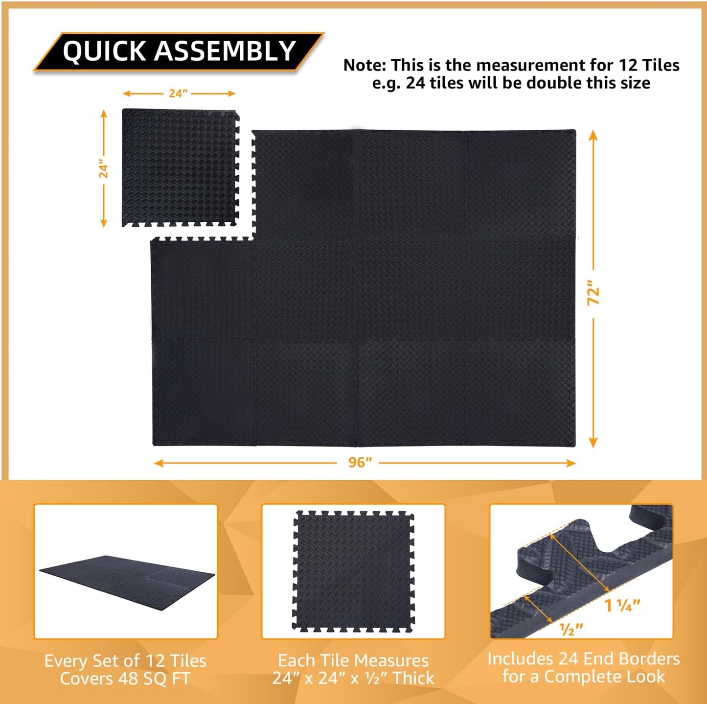 24 Pack, 96 SQFT - 24" x 24" - 1/2" Extra Thick Floor Exercise Mat for Home Gym or Floor Padding - High-Density EVA Interlocking Foam Floor Tiles for Gym Equipment, Play Area | Yoga, Cardio, Weights