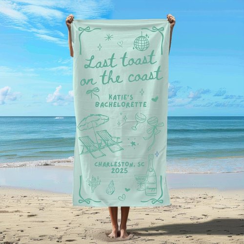 Custom Bachelorette Beach Towel for Men for Women, Trendy, Gift Personalized Last Toast on The Coast Towel, Girls Weekend or Coastal Party Favor for Bride Crew