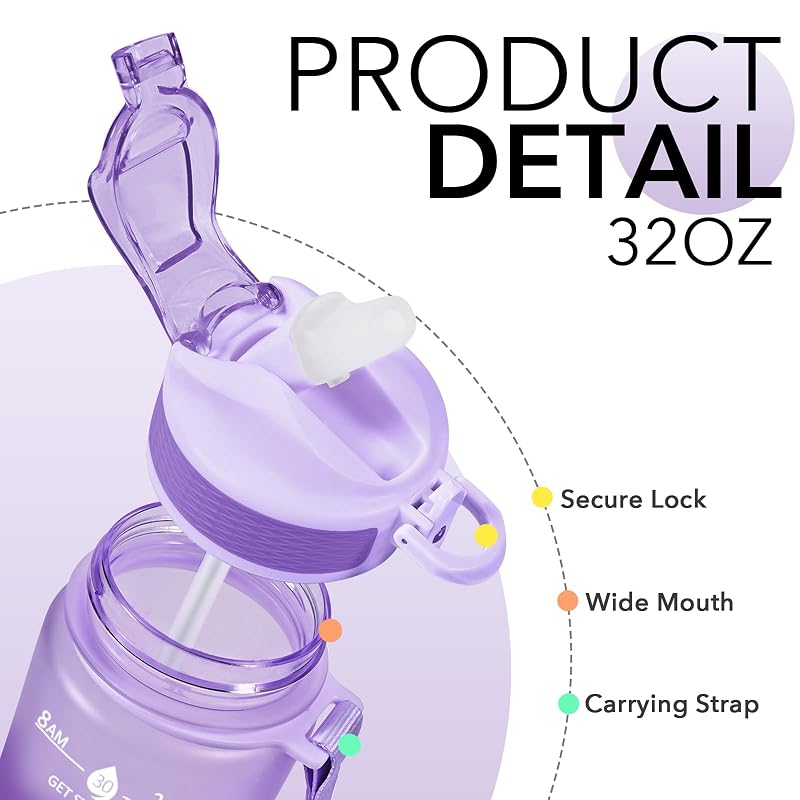 Hyeta 32oz Leakproof Water Bottle with Straw & Time Markers — Pink-Purple Ombré
