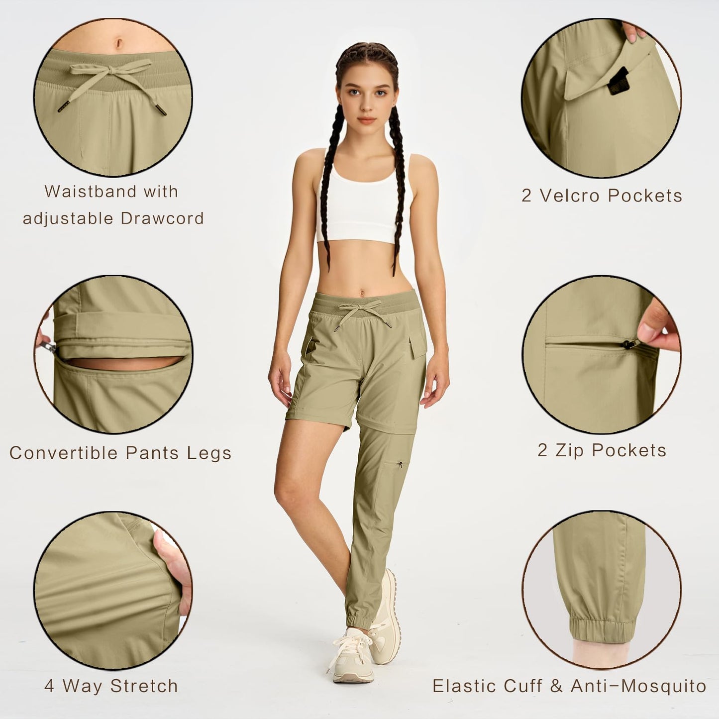 smawell Women's Convertible Hiking Cargo Pants Joggers M Dark Khaki