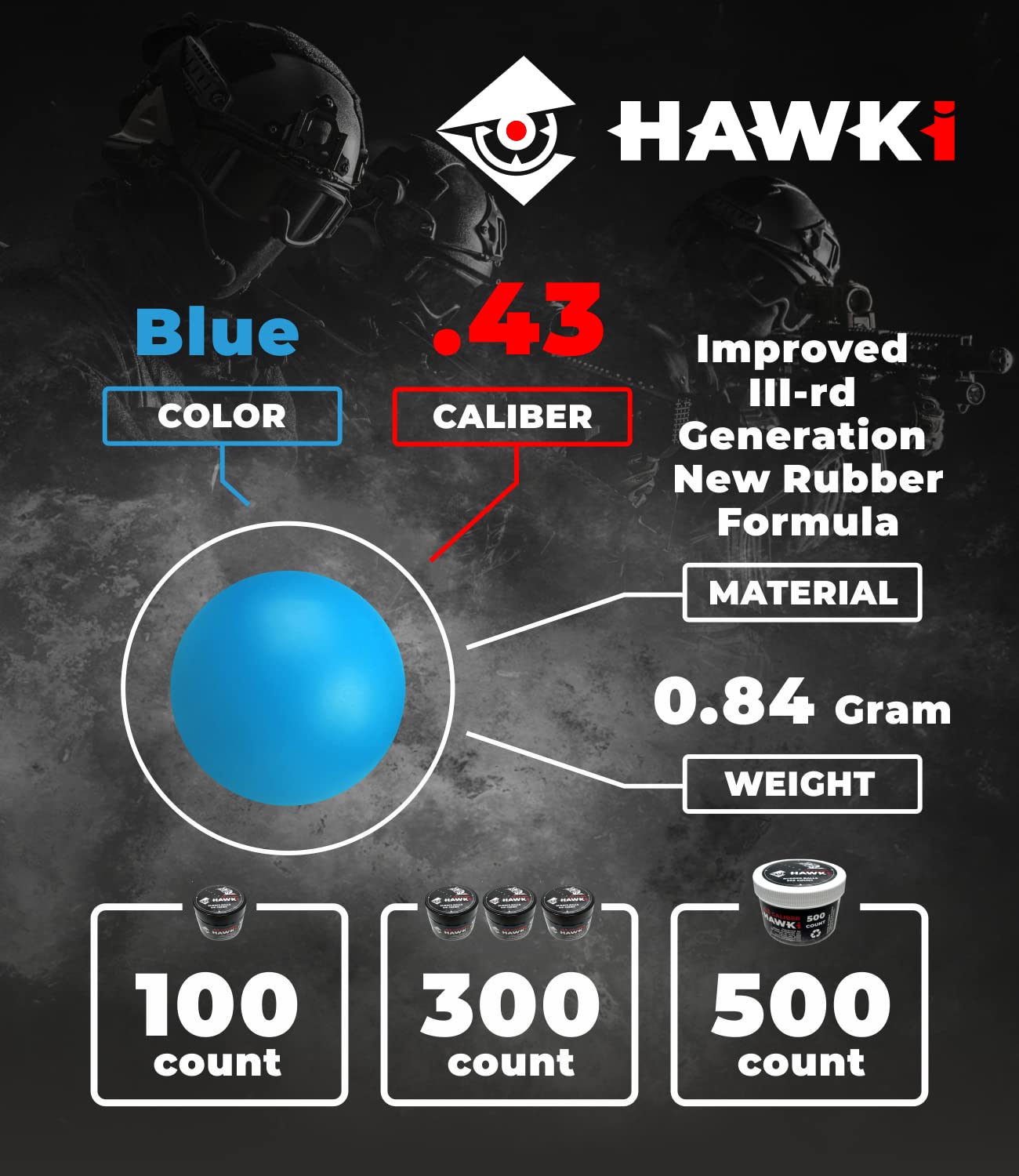Hawki .43 Cal Training Rubber Balls for Paintball Guns 500 Pack (Blue)