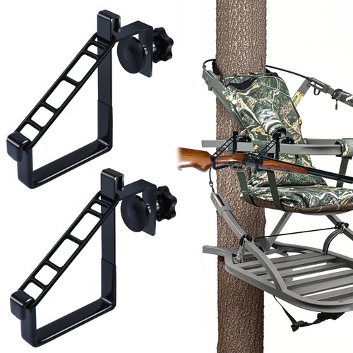 Mofuiry 2 Pack Metal Tree Stand Bow Holder Universal Hunting Bow Holder Treestand Gun Rest Adjustable Bow Hanger Hooks for Treestand Platform Sadle Hunting Gears Accessory