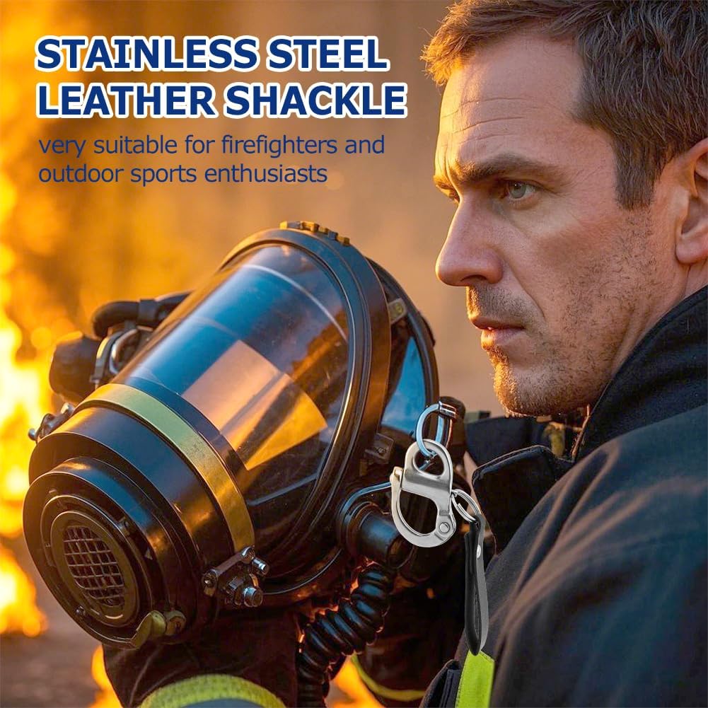2 Pack SCBA Mask Quick Release Clip Shackle with Leather Lanyard, 316 Stainless Steel Snap Swivel Clips for Firefighting, Outdoor & Emergency Use