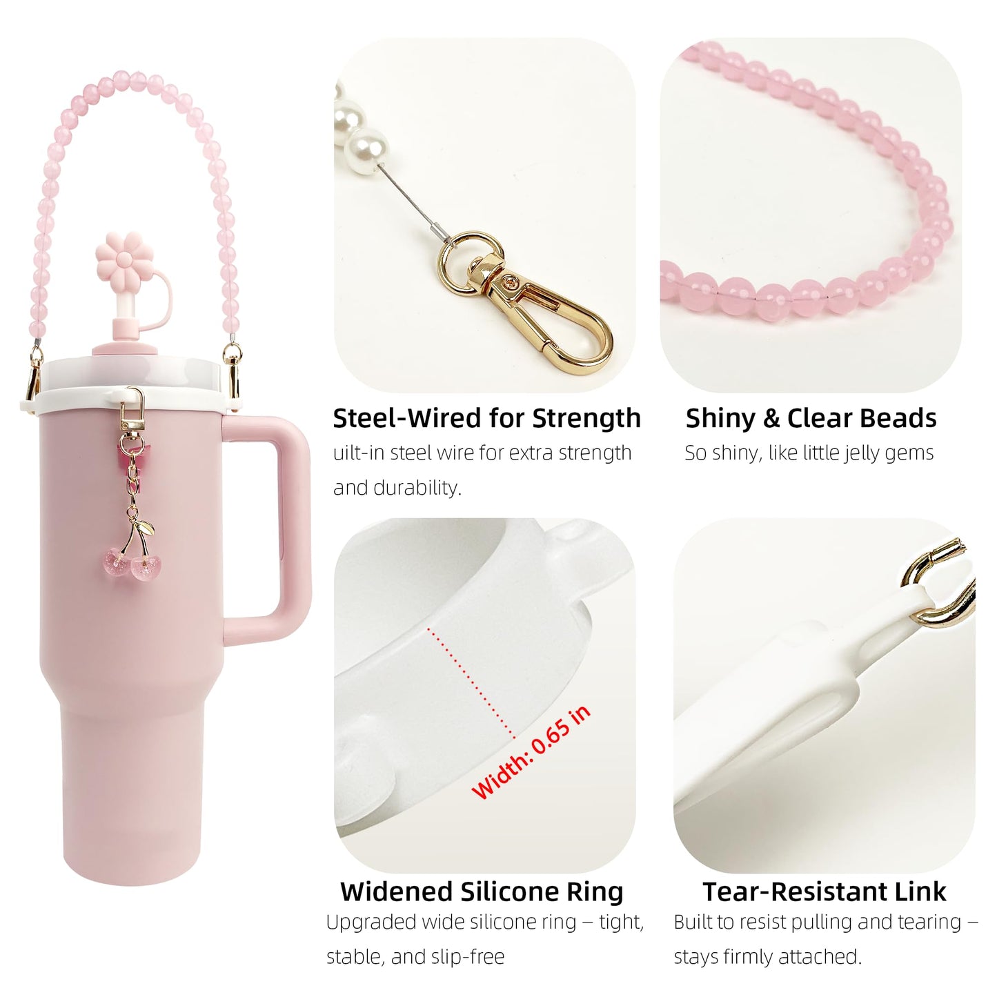 BydGxy Stanley Cup Accessories Set for 30 oz, 40 oz, 20 oz Tumbler, Includes Straw Cover, Water Bottle Handle Strap, and Cherry Charm, Compatible with Pink & Purple Stanley Cup