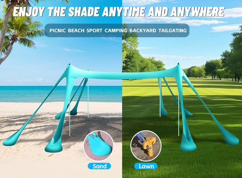Vilupvie Beach Tent Sun Shelter Sunshade 11x11FT, UPF50+ Beach Canopy Tent Sun Shade with 8 Sandbags & 4 Stability Poles, Outdoor Shade Beach Canopy for Camping, Fishing, Backyard, Picnics (Turquoise)