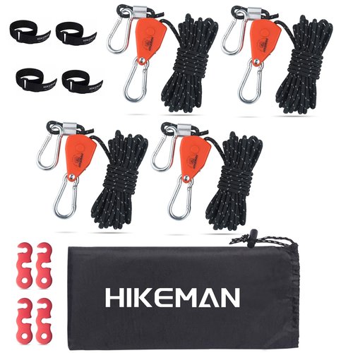 Hikeman Camping Rope with Ratchet Pulley,Quick Setup Outdoor Guy Lines Adjustable Tent Tie Downs Rope Hanger for Canopy,Kayak and Canoe,Grow Light (4PCS,Black)