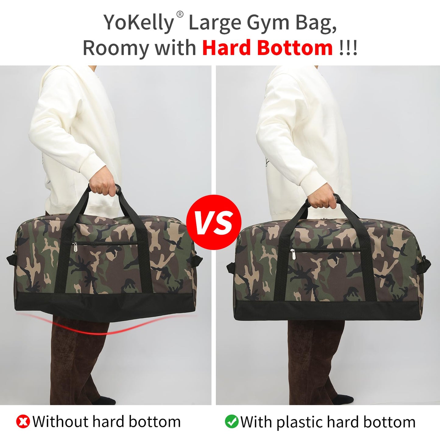 YoKelly 55L Large Duffle Bag for Men Travel - 25 inch Sports Duffel Bag with Hard Bottom - Camo