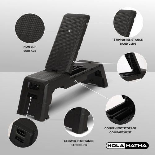 HolaHatha Multifunctional Home Exercise Workout Weight Bench, Adjustable Height, Backrest Positions, and Storage, Black