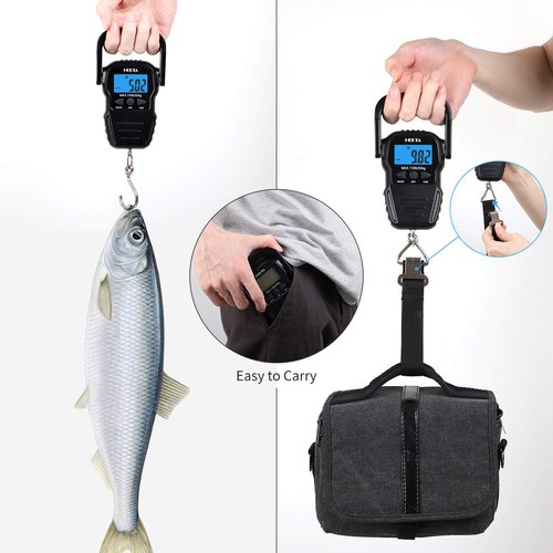 HEETA Fish Scale with Backlit LCD Display, Up to 110lb/50kg Digital Portable Hanging Fish Weight Scale with Hook & Measuring Tape for Home Farm Outdoor Hunting Fishing, 2 AAA Batteries Included, Black