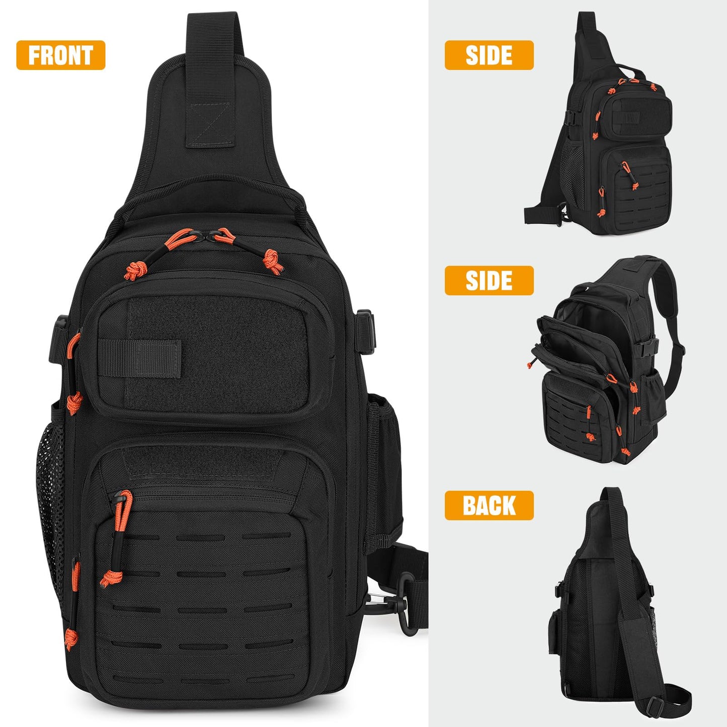 HUNTVP Fishing Sling Bag Lightweight Tackle Bag Small Fishing Backpack Tactical Shoulder Sling Bags with Rod Holder, Storge Gear and Equipment, Gifts for Men (Black)