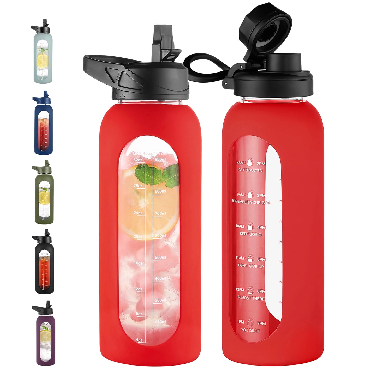 CIVAGO 40 oz Glass Water Bottle with Straw and Handle, Large Sports Motivational Water Bottle Flask with Time Marker and 2 Lids, Leakproof Water Jug Canteen with Silicone Sleeve for Gym, Red
