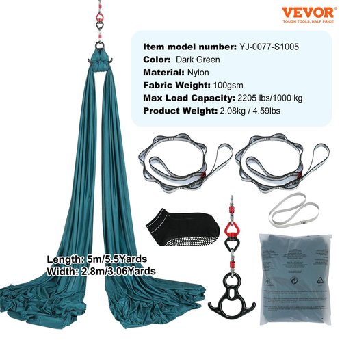 VEVOR Aerial Yoga Hammock & Swing, 5.5 Yards, Aerial Yoga Starter Kit with 100gsm Nylon Fabric, Full Rigging Hardware & Easy Set-up Guide, Antigravity Flying for All Levels Fitness Bodybuilding, Green