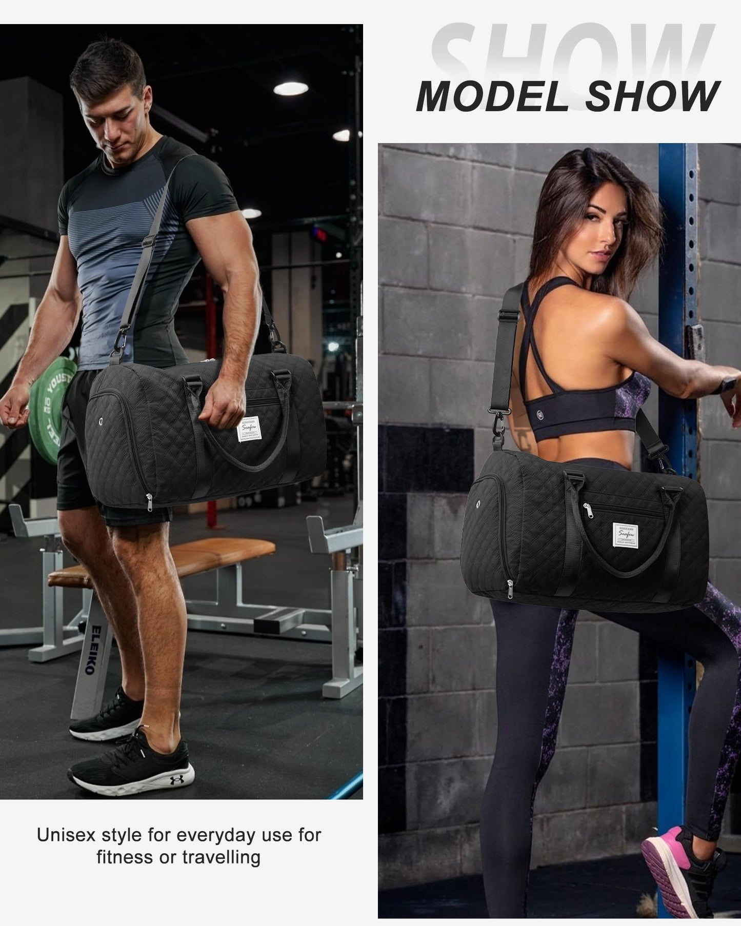 Gym Duffle Bag for Women with Shoe Compartment Waterproof Travel Tote Bags Personal Item Carry On Weekender Overnight Bags with Toiletry Bag Swimming Yoga Bags Hospital Holdalls Black