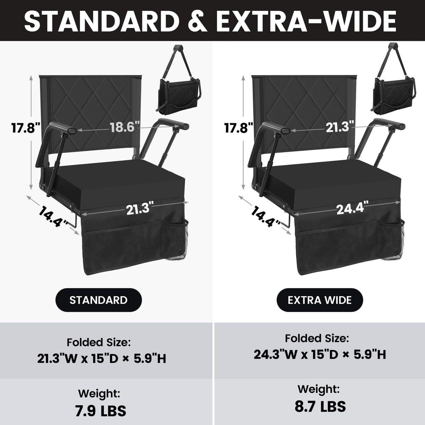 Sheenive Stadium Seats for Bleachers with Back Support (1 Pack) - 2.8'' Thick Wide Cushion & Padded Armrests, Cup Holder, Pockets, Carry Strap for Sports Events