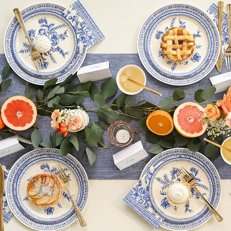 Blue & White Floral Paper Plates (Set of 10) 9.25” - Coterie Toile Floral Party Plates, Blue