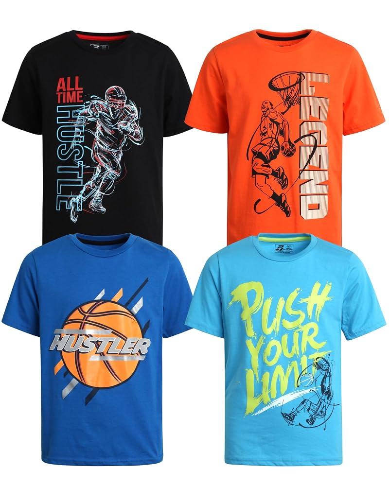 Pro Athlete Boys’ Athletic Shirts 4 Pack - Soft Cotton Blend Crew Neck (Orange/Royal/Blue/Black)