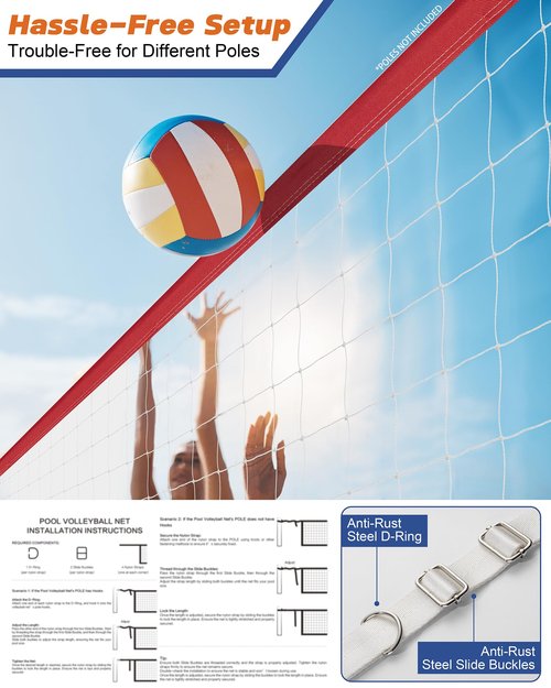 XXXYYY Upgraded Swimming Pool Volleyball Net Replacement, Lengthened 15FT-28FT Adjustable, Upgraded Weather Resistance with Waterproof, Thicker Borders and Nylon Straps-15x3FT, Red Blue(Net Only)
