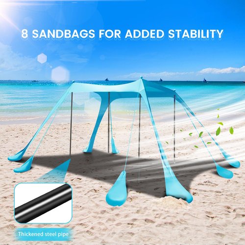 Beach Tent Sun Shelter 10x10FT Beach Shade Canopy with 8 Sandbags, UPF 50+ Protection Beach Shade Canopy, Outdoor Tent for Beach