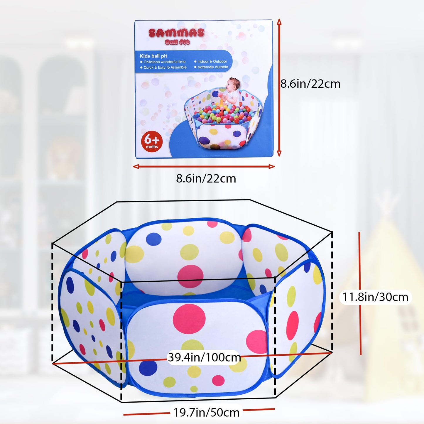 Kids Ball Pit, Blue Large Pop Up Toddler Ball Pits Play Tent for Toddlers 1-3 Girls Boys for Indoor&Outdoor Play Tent with Zipper Storage Bag, Balls Not Included, 39.4 Inch