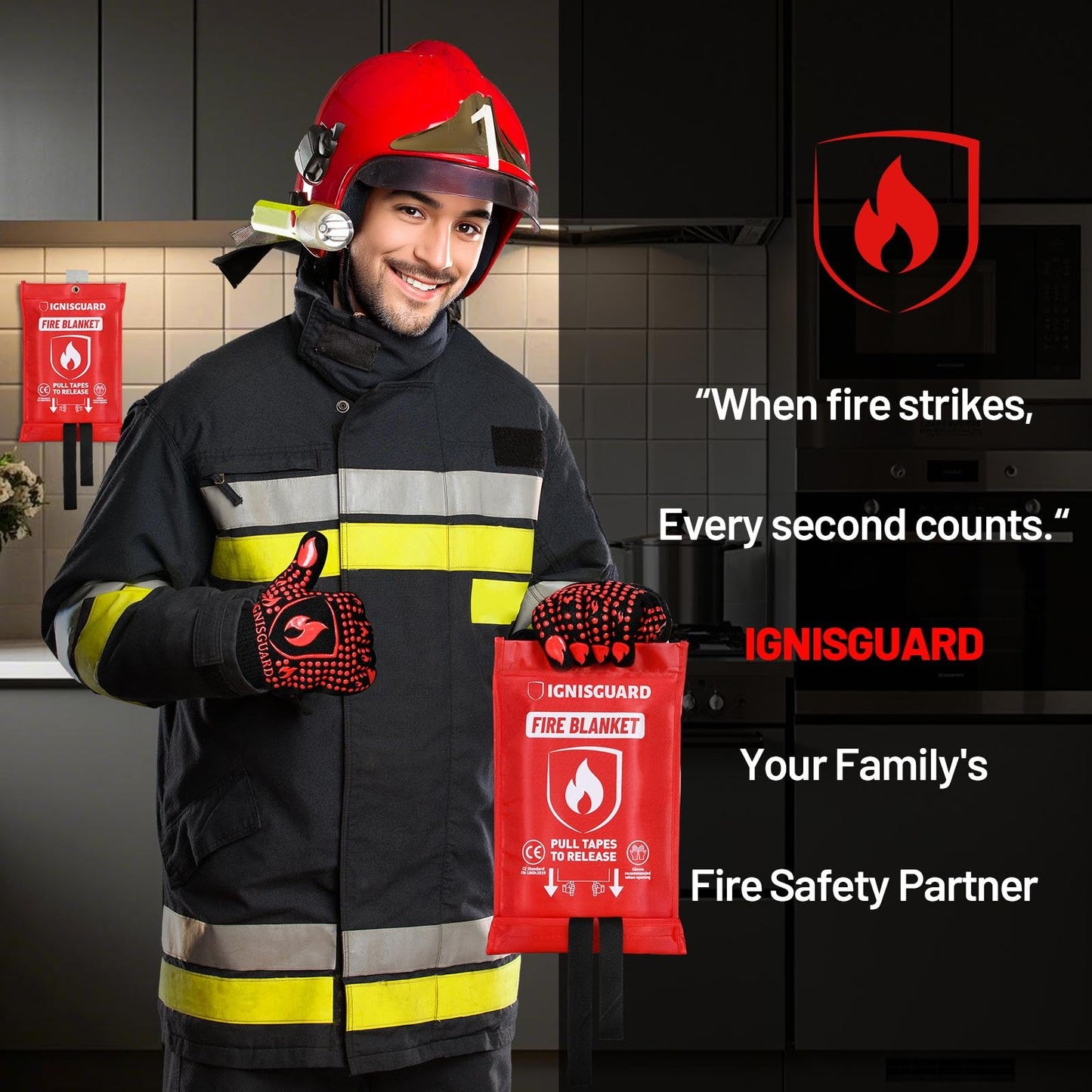 IGNISGUARD Emergency Fire Blanket for Home and Kitchen, 1-Pack 40"x40", Fiberglass Fire Blankets Emergency for Home BBQ Grill Camping Car Office Warehouse Picnic Fireplace Fireproof Survival Safety