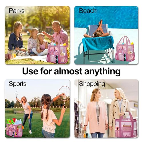 Large Mesh Beach Bag,Beach Tote Bag with Zippered Pockets - Family Pool, Toy & Vacation Essentials Peppermint green