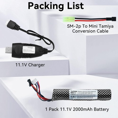 Tosiicop Airsoft Gel Blaster Battery - 11.1V 2000mAh Water Bead Splatter Ball Batteries with Mini Tamiya to SM2P Plug Rechargeable Charger Cable for Splat Ball Replacement - 1 Pack