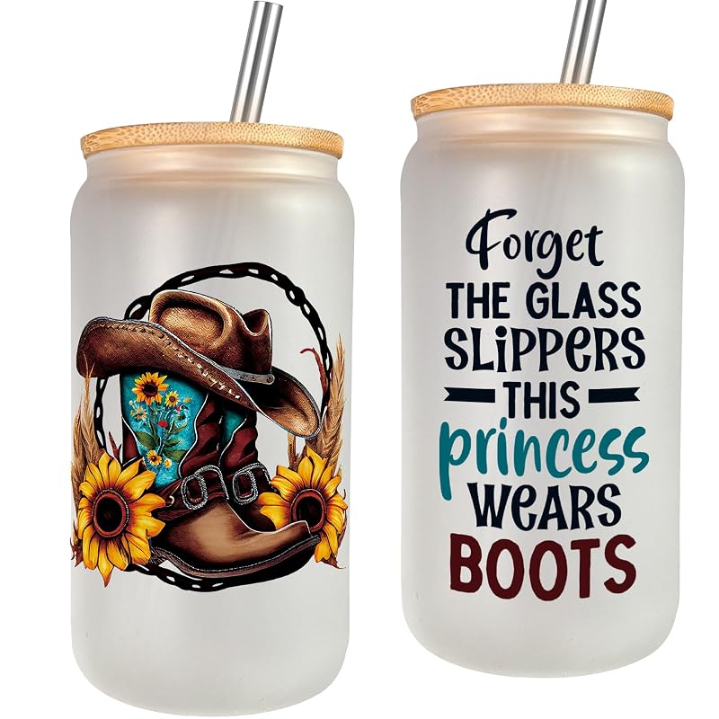 Cowgirl Glass Cup - 16 oz Western Boots & Hat Design with Gift-Ready Packaging