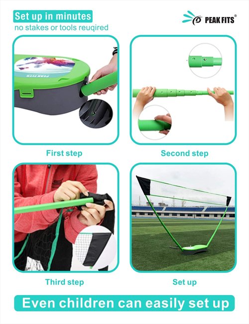 Peak Fits Portable Badminton Net Set,Folding Volleyball Badminton Net,4 Professional Graphite Badminton Racket,8 Racket Grip Tape,4 Shuttlecocks,Family Game,Backyard Sports