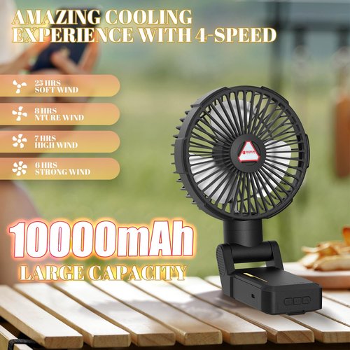 YUGYUM Golf Cart Fan,Magnetic Clip On Fans Rechargeable with Light,10000mAh Battery Operated USB fan for Camping, Cabin & Cruise - Portable Outdoor Fan with 4 Speeds, Timer - Black