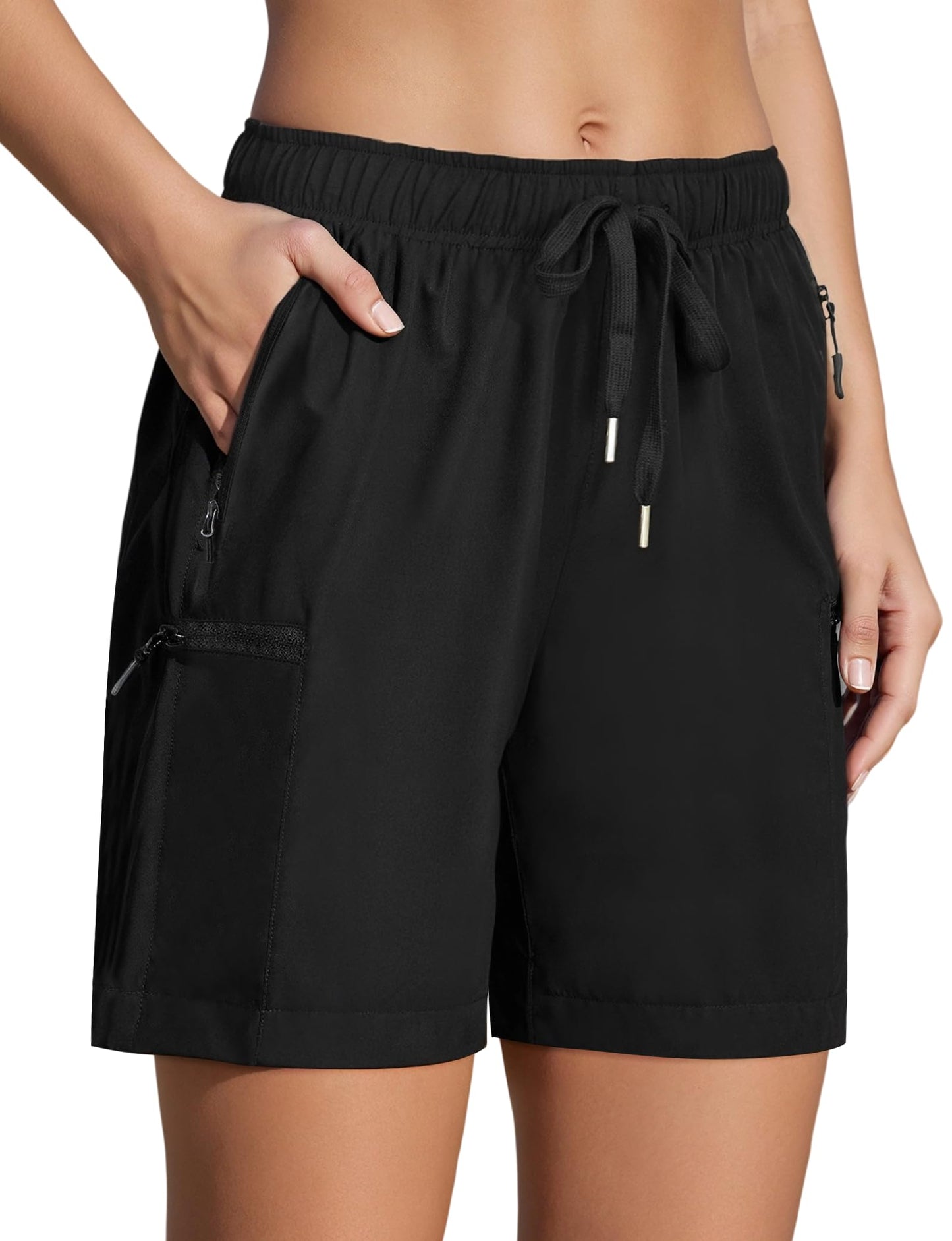 Enaisyl Women's Hiking Shorts Quick Dry Lightweight Cargo Pants Water Resistant Athletic Shorts with 4 Zipper Pockets Black