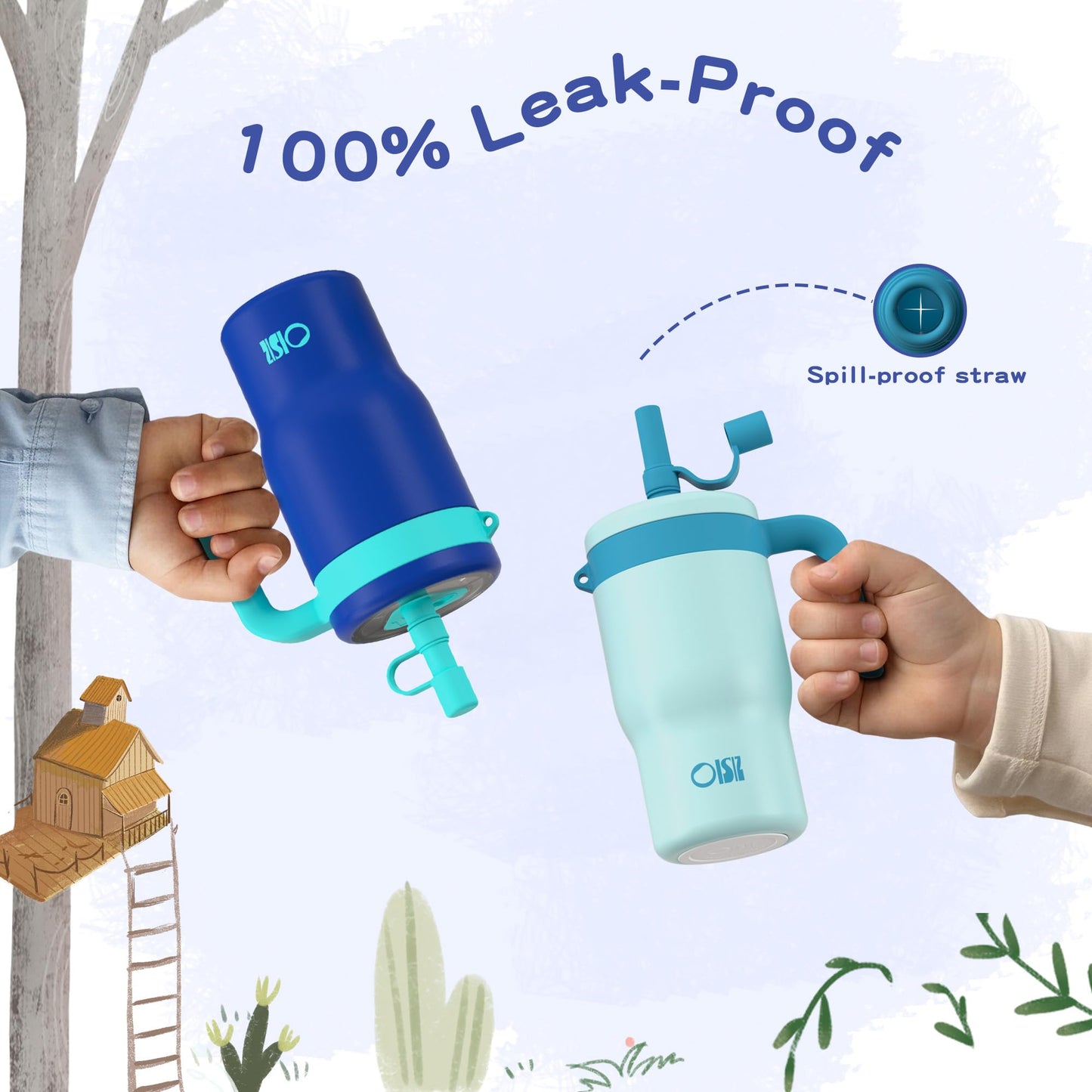 OISIZ 14oz Kids Tumbler with Straw Lid & Handle,Kids Cup with Animal Accessory for School,Kids Water Bottles with Dust-proof Cover,Leakproof Water Bottles,316 Stainless Steel,Keep Cold 24 Hours-blue